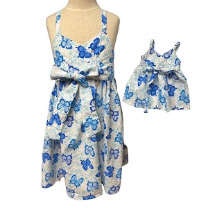 blue butterfly dress target Size 5 Girl & 18 Inch Doll Matching Sundress – Blue Butterfly Cotton Dress Set, Handmade Doll and Me Outfit