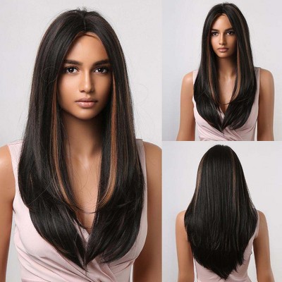 Jessie's Wig 26 inch Straight Layer Cut Style Wig Synthetic Wigs Brown Highlight 1 Pc/Pack