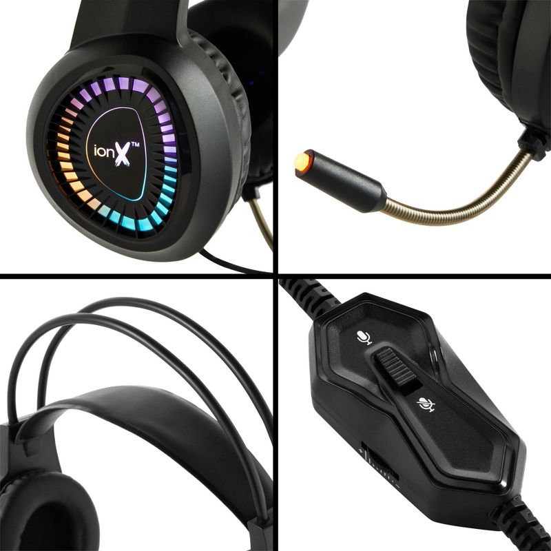 ionX Wired Gaming Headphones with Microphone, Over the Ear 3.5mm Headphones with Microphone and RGB Lighting, Black, 4 of 9