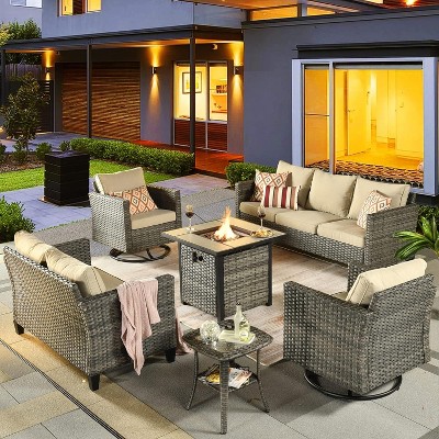 XIZZI 6 Pieces Patio Furniture Set with Square Fire Pit Table Swivel Rocking Chairs Loveseat Outdoor High Back Wicker Rattan Conversation Set