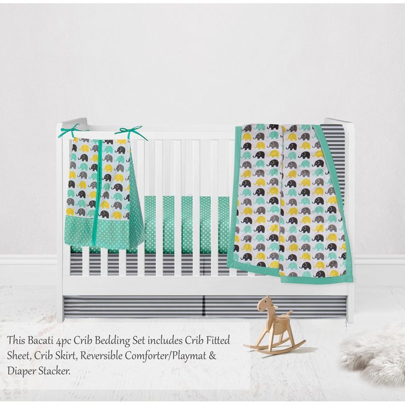 Bacati - Elephants Mint/Yellow/Gray 4 pc Crib Bedding Set with Diaper Caddy, 3 of 10