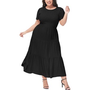 Anna-Kaci Women's Plus Size Casual Round Neck Flutter Short Sleeve Elastic Waist Smocked Maxi Dress - 1 of 4
