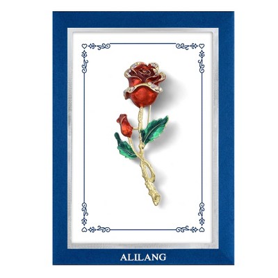 Anna-Kaci Red Rose Flower Enamel Gold Tone Stem Brooch Pin Clear Rhinestones with Family or Friend Gift Message Card & Envelope
