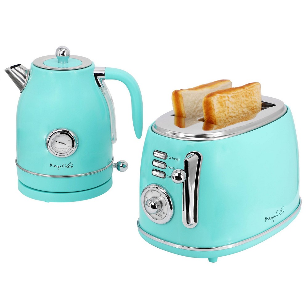 MegaChef 1.7 Liter Electric Tea Kettle & 2 Slice Toaster Combo in Turquoise: Small Water Boiler, Cordless, BPA-Free