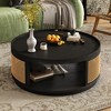 Round Coffee Table Wooden Sofa Table Side Table Cane Center Table with PE Rattan Side, Mid-Century Modern, Black/Brown-ModernLuxe - 2 of 4