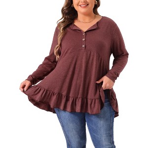 Agnes Orinda Women's Plus Size Casual V Neck Long Sleeve Ruffled Hem Button Half Placket Tops - 1 of 4