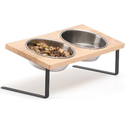 FUKUMARU Elevated Cat Bowls, 15° Tilted Raised Stainless Steel Bowl Stand, Small Dog Rubber Board Food Water