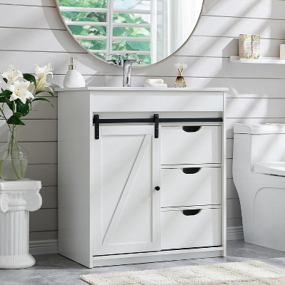SinCiDo 30" Farmhouse Bathroom Storage Cabinet, Bathroom Dressing Table with Sink, Sliding Barn Door, 3 Drawers and Adjustable Shelves,White