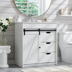 SinCiDo 30" Farmhouse Bathroom Storage Cabinet, Bathroom Dressing Table with Sink, Sliding Barn Door, 3 Drawers and Adjustable Shelves,White - 1 of 4