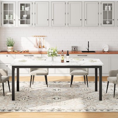 78.7in Industrial Dining Table for 8, Wooden Long Dinner Table with Mortise Tenon Design, Kitchen Table with Sturdy Metal Legs White Faux Marble