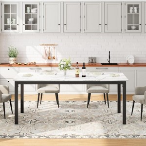 78.7in Industrial Dining Table for 8, Wooden Long Dinner Table with Mortise Tenon Design, Kitchen Table with Sturdy Metal Legs White Faux Marble - 1 of 4