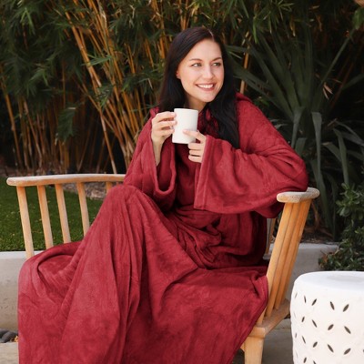 Wine Fleece Wearable Blanket with Sleeves and Pocket