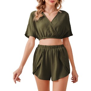 Women's 2 Piece Outfits Summer V Neck Short Sleeve Crop Top and High Waist Shorts - 1 of 4