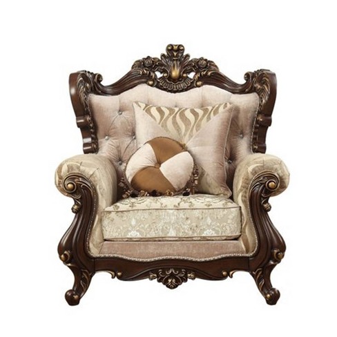 Rolled Arm Chair With Floral Arched Backrest And Two Pillows Beige