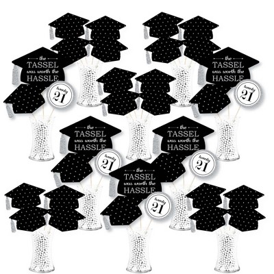 Big Dot of Happiness Silver - Tassel Worth The Hassle - 2021 Graduation Party Centerpiece Sticks - Showstopper Table Toppers - 35 Pieces