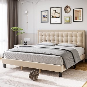 Whizmax King/Queen/Full Size Bed Frame, Linen Upholstered Platform Bed Frame with Adjustable Headboard and Strong Wooden Slats, No Box Spring Needed - 1 of 4