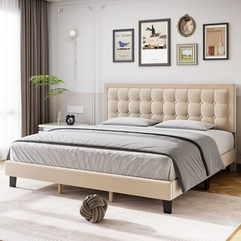 Whizmax Full Size Bed Frame, Linen Upholstered Platform Bed Frame With ...