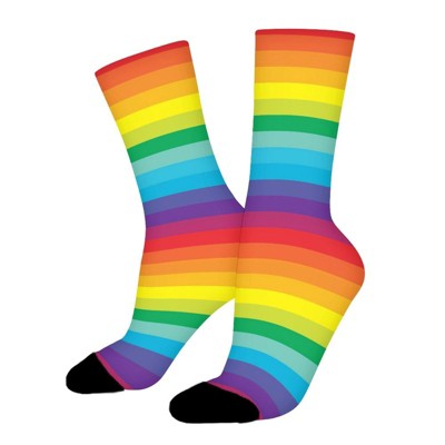 Bright Rainbow Stripes Women Printed Crew Socks Funny Funky Socks Soft Polyester Novelty Gifts for Artists Men