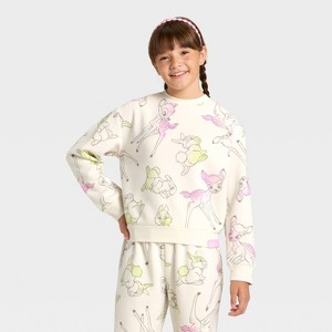 Girls' Disney Bambi and Thumper Fleece Crewneck Sweatshirt - Tan - 1 of 3