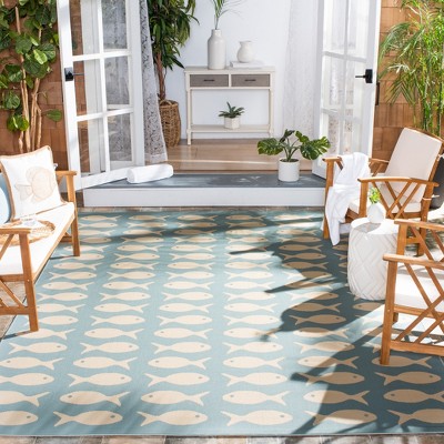 Aqua and Beige Fish Pattern Square Synthetic Rug