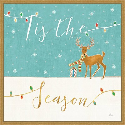 16" x 16" Tis the Season Christmas Reindeer by Veronique Charron Framed Canvas Wall Art - Amanti Art