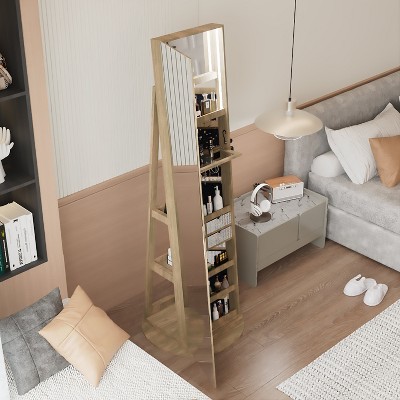 MOEPISY 360°Swivel Jewelry Cabinet with Full Length Mirror, 360°Rotating Standing Jewelry Armoire Organizer, Brown