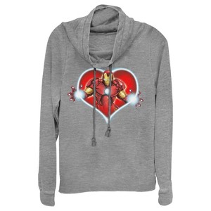 Juniors Womens Marvel Valentine's Day Iron Man Heart Frame Cowl Neck Sweatshirt - 1 of 3