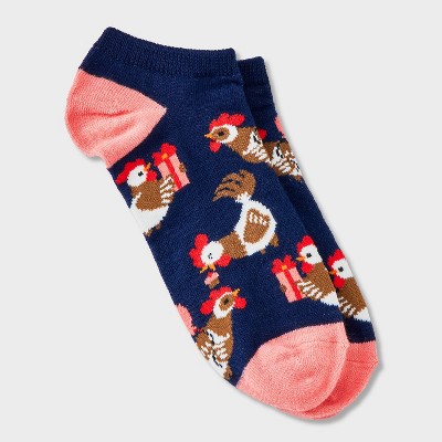 Women's Party Chickens Low Cut Socks - Navy/Pink 4-10: Recycled Polyester, Animal Icon, Lightweight Jacquard Knit