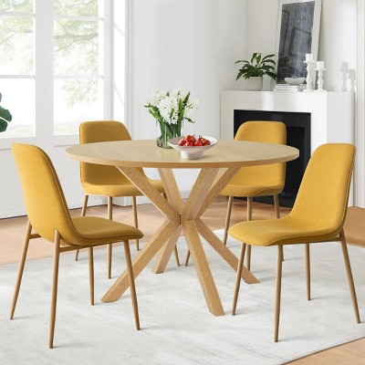 Oliver+oslo Round Dining Table With 4 Linen Upholstered Yellow Dining ...