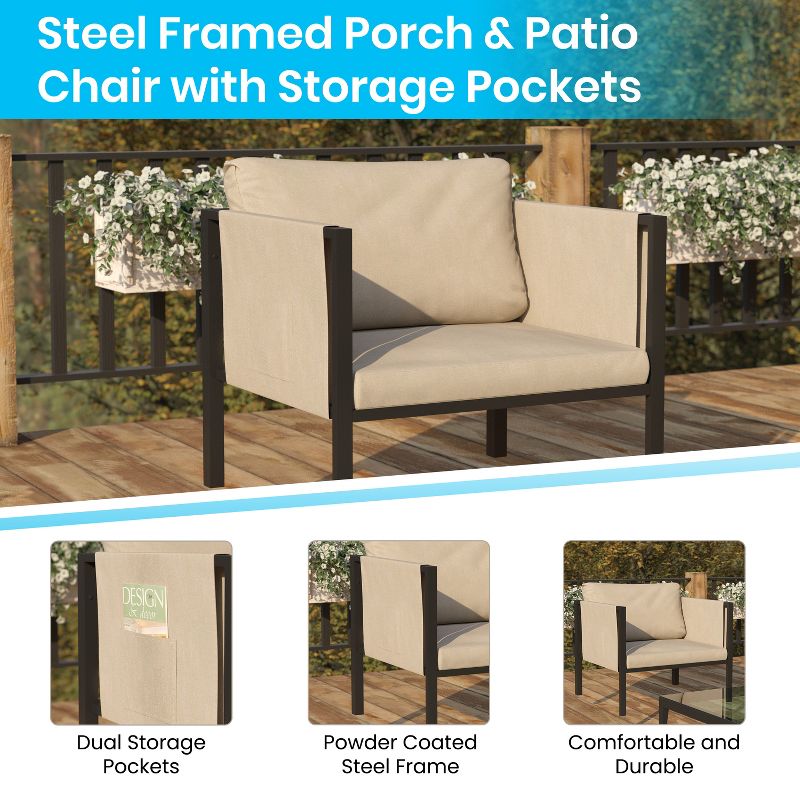 Emma and Oliver Indoor Outdoor Patio Lounge Chair, Steel Framed Club Chair with Cushions and 2 Storage Pockets, 3 of 10