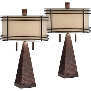 Franklin Iron Works Niklas 26" High Industrial Table Lamps Set of 2 USB Port Pull Chain Brown Bronze Finish Metal Tan Shade Living Room Charging - 1 of 4