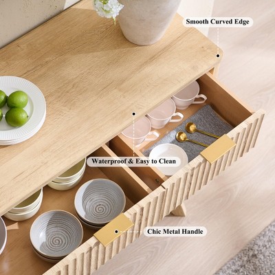 Sincido 60" Buffet Sideboard Cabinet with 4 Doors, Fluted Coffee Bar Table with 3 Drawers, Modern Sideboard for Dining Room, Living Room, Natural Oak — фото 4