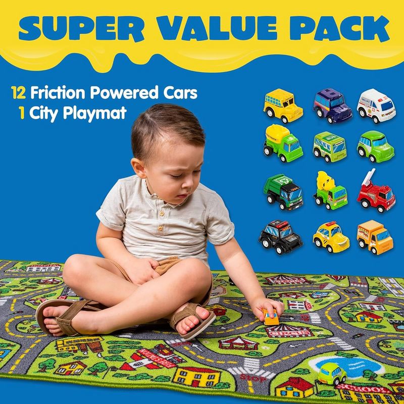 Syncfun Kids Play Rugs - 12 Pull-Back Vehicle Set - Durable Carpet Playmat Rug - City Pretend Play - Toddler Car Track Rug, 3 of 9