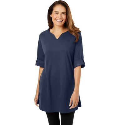 Woman Within Plus Size Perfect Roll-Tab-Sleeve Notch-Neck Tunic