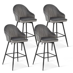 Tangkula Set of 4 Velvet Bar Stools Swivel Pub Height Dining Chairs w/ Metal Legs Gray - 1 of 4