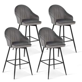 Tangkula Set of 4 Velvet Bar Stools Swivel Pub Height Dining Chairs w/ Metal Legs Gray