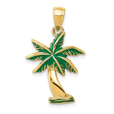Black Bow Jewelry 14k Yellow Gold Green Enameled Palm Tree Pendant