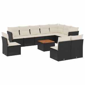 vidaXL Patio Sofa Set with Cushions Outdoor Furniture 11 Piece Poly Rattan - Black and Cream - 1 of 4