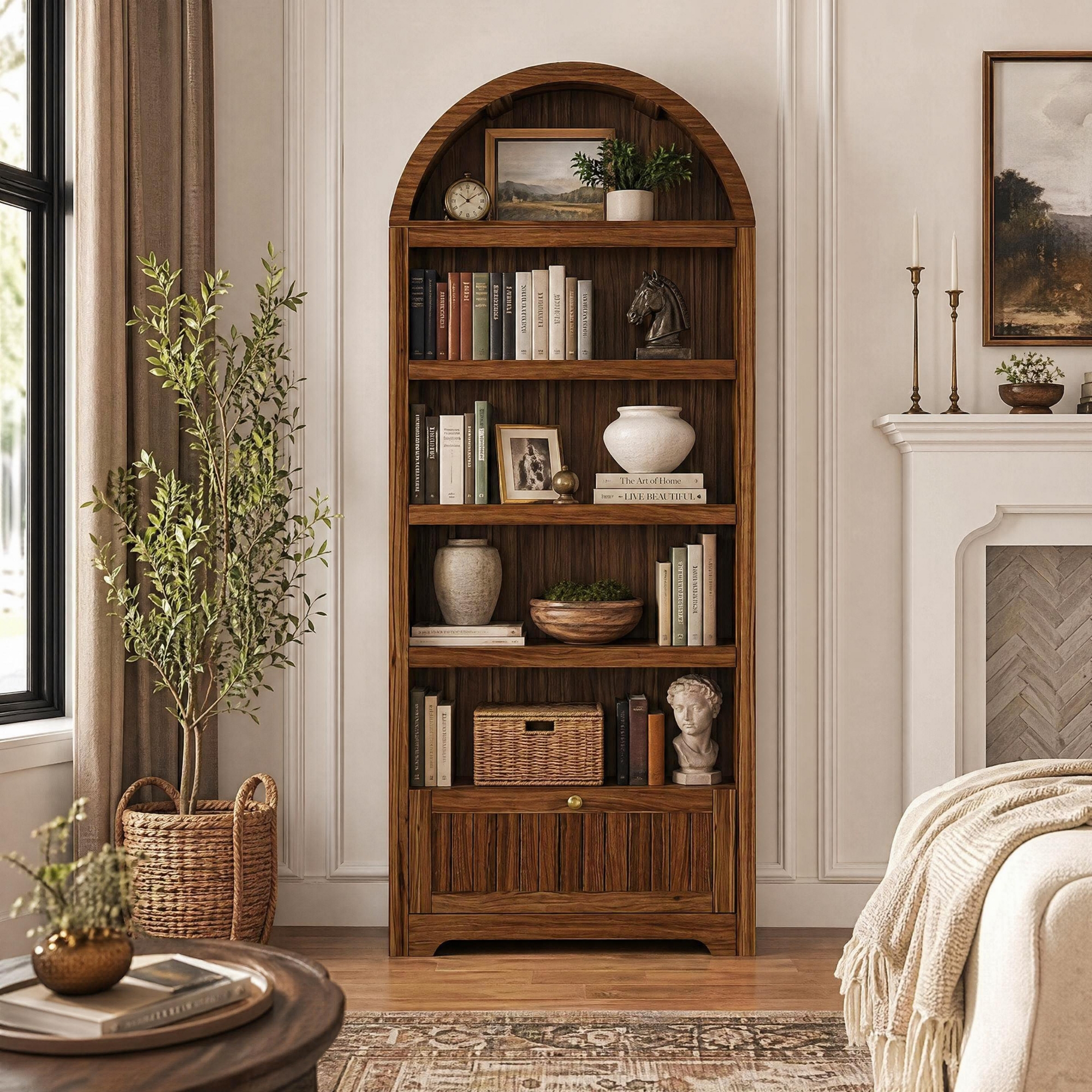 COZONY Arched Bookcase with Drawer, 72 Inch Tall Bookshelf with Storage Shelves, Display Bookshelf for Living Room Home Office