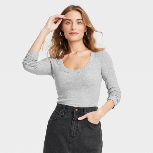 Women's Ribbed Long Sleeve Scoop Neck T-Shirt - Universal Thread™ Gray XS