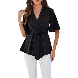 Women's Textured Wrap V Neck Ruffle Short Sleeve Ruched Blouse Tie Front Tunic Tops - 1 of 4