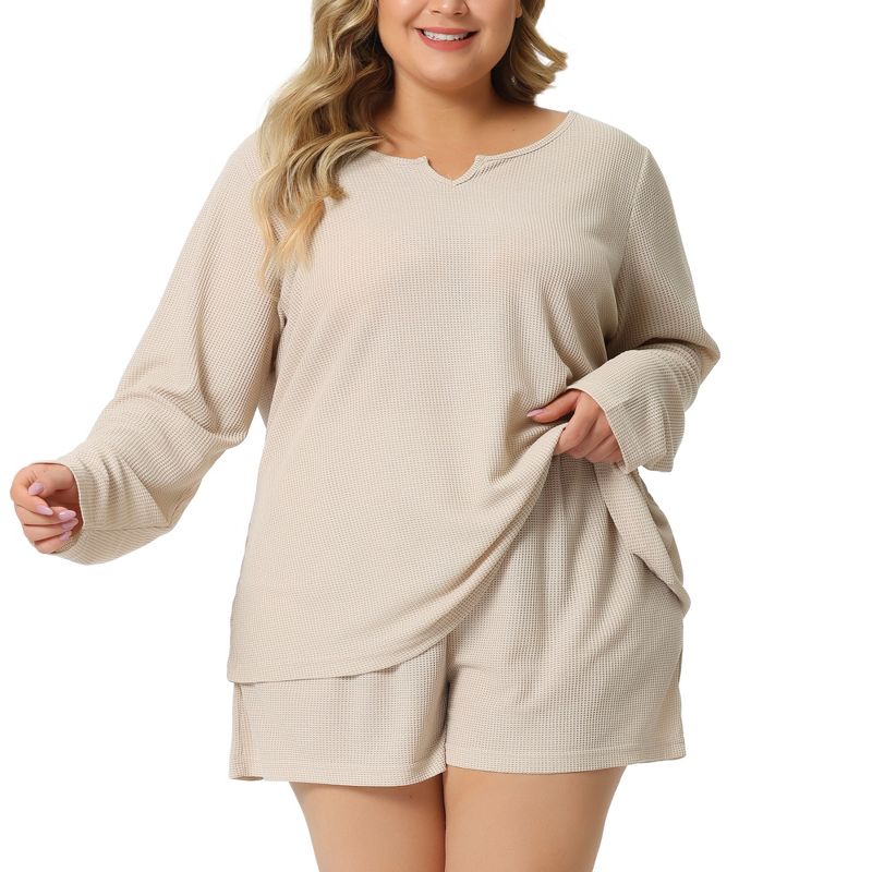 Agnes Orinda Women's Plus Size Waffle Long Sleeve Comfortable 2 Pieces Pajama Sets, 2 of 6
