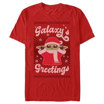 Men's Star Wars: The Mandalorian Christmas Grogu Galaxy's Greetings Cute T-Shirt