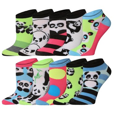 Tipi Toe Womens 10 Pairs Panda Playful Print Pattern & Mix Colors For Vibrant Style Low Cut/No Show Socks