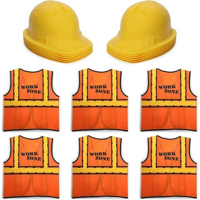 Blue Panda Set of 6 Construction Worker Party Costume Dress Up with Vests & Toy Hats for Kids Birthday Supplies and Favors, Yellow & Orange