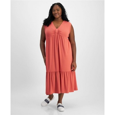 Tommy Hilfiger Womens Solid Tiered Sleeveless Midi Dress