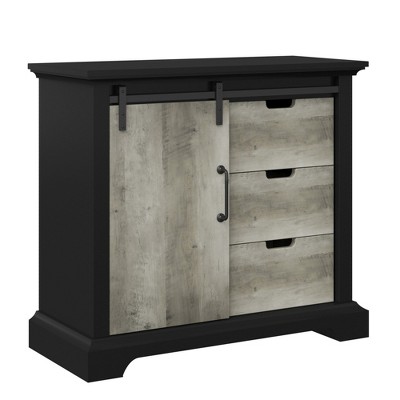 Twin Star Home AC6617-TPB01 Rustic Cottage Farmhouse Design Two Tone Accent Cabinet With Sliding Barn Style Door and Drawers, Black