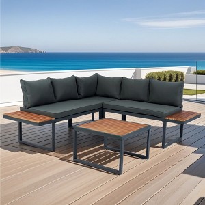 Whisen 4 Piece L Shaped Patio Conversation Set 5 Seater Wicker Sectional Sofa with Side Table and Dark Grey Cushion - 1 of 4