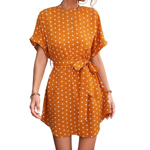 Anna-Kaci Women's Short Sleeve Polka Dot Mini Dress with Waist Tie Belt and Relaxed Fit - 1 of 4