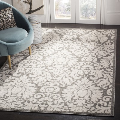 Gray and Cream Damask Square Synthetic Area Rug